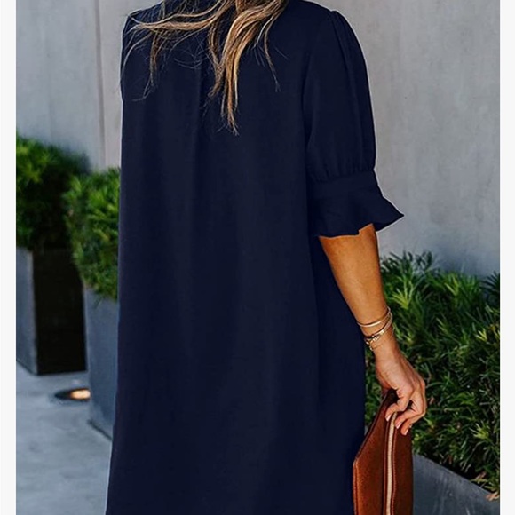 Womens Navy V Neck Short Sleeve Dress Medium M Ruffle Sleeve - Picture 2 of 6